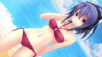  bare_shoulders beach bikini bow collarbone criss-cross_halter day game_cg hair_bow halter_top halterneck hirano_katsuyuki light_smile love_application navel outdoors ponytail purple_eyes purple_hair red_bikini side-tie_bikini solo swimsuit takigawa_aoi water 