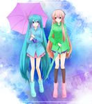  absurdres aqua_eyes aqua_hair blue_skirt boots closed_umbrella hatsune_miku highres kanna_(chaos966) kneehighs long_hair megurine_luka miniskirt multiple_girls pink_hair pink_skirt pleated_skirt rubber_boots skirt twintails umbrella very_long_hair vocaloid 