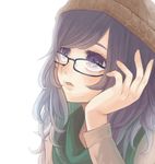  beanie black_hair casual chin_rest face glasses hat mikitsui original purple_eyes simple_background solo white_background 