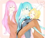  aqua_eyes aqua_hair bad_id bad_pixiv_id blonde_hair closed_eyes hair_ribbon hatsune_miku hug kagamine_rin long_hair megurine_luka multiple_girls open_mouth pink_hair prin_dog ribbon school_uniform short_hair smile twintails vocaloid 