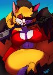  big_breasts breasts canid canine crossed_legs djpuppeh female fox holding_object holding_weapon kamiko mammal mike_argentum_(copyright) multi_tail thick_thighs video_games weapon yo-kai yo-kai_watch 
