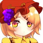  :/ aki_minoriko bad_id bad_pixiv_id blonde_hair blush face food fruit grapes hair_ornament hairclip hat no_nose orange_eyes portrait short_hair simple_background solo touhou yutazou 