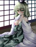  bad_id bad_pixiv_id blanket blush breast_slip breasts covering_mouth dress green_dress green_eyes green_hair hat medium_breasts nanase_nao nipples off_shoulder one_breast_out open_clothes open_dress sitting soga_no_tojiko solo tears touhou 