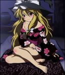  bare_legs bare_shoulders barefoot black_kimono blonde_hair brown_hair feet hat highres japanese_clothes kimono kirisame_marisa non-web_source off_shoulder sitting solo touhou witch_hat yadokari_genpachirou yukata 