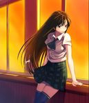  arm_support ascot black_hair black_legwear blush boku_wa_tomodachi_ga_sukunai green_eyes green_skirt long_hair looking_away mikazuki_yozora miniskirt plaid plaid_skirt school_uniform sitting skirt solo st._chronica_academy_uniform sunset thighhighs very_long_hair window yangsion zettai_ryouiki 