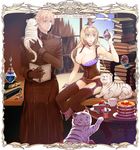  1girl bare_shoulders bird blonde_hair blue_eyes book book_stack breasts cleavage cub food garter_belt hair_ornament hairclip large_breasts long_hair nicole_pmonachi pancake pie pixiv_fantasia pixiv_fantasia_wizard_and_knight short_hair tiger tiger_cub white_tiger 