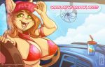  adjusting_clothing anthro armband bandanna baseball_cap beverage big_breasts bikini breasts brown_fur brown_hair bus canid canine canis cigarette cleavage clothed clothing cup dialogue digital_media_(artwork) english_text eyebrows_visible_through_hair female fur green_eyes hair hat huge_breasts llmixll looking_at_viewer mammal open_mouth rotary_fan sitting sky smoke soda solo speech_bubble swimsuit text watermark wolf 