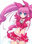  blue_eyes bow choker collarbone cure_melody eyelashes heart highres houjou_hibiki katori_(mocchidou) layered_skirt long_hair magical_girl microskirt midriff navel panties pink_bow pink_choker pink_hair pink_skirt precure skirt smile solo suite_precure thigh_gap twintails underwear 