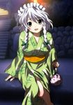  blue_eyes braid green_kimono highres izayoi_sakuya japanese_clothes kimono maid_headdress non-web_source obi sash silver_hair sitting solo touhou yadokari_genpachirou yukata 