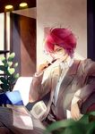  couch glasses green_eyes inazuma_eleven_(series) inazuma_eleven_go kiyama_hiroto komkomx male_focus older papers pen plant red_hair sitting solo 