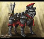  dog helmet kurii_chasuke no_humans pixiv_fantasia pixiv_fantasia_wizard_and_knight sword tail tail_wagging weapon 