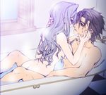  1girl alvin_(tales) ass bad_id bad_pixiv_id bathing bathtub breasts brown_hair grey_hair hand_on_another's_face hetero imminent_kiss long_hair medium_breasts mixed_bathing no_tail nude presa_(tales) short_hair sitting steam tales_of_(series) tales_of_xillia uk-works 