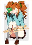  bag brown_hair closed_eyes frog handbag idolmaster idolmaster_(classic) long_hair solo sweater takatsuki_yayoi yui_(marine-drive) 