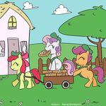  applebloom_(mlp) blue_eyes bow boxes cloud clouds cub cute cutie_mark_crusaders_(mlp) equine eyes_closed female fence feral flower friendship_is_magic girl_scouts grass group hair harness hat horn horse house long_hair madmax mammal my_little_pony pegasus pink_hair pony red_hair scootaloo_(mlp) short_hair sky sweetie_belle_(mlp) tree two_tone_hair unicorn wagon wings wood young 