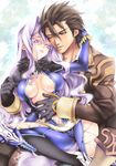  1girl alvin_(tales) bad_id bad_pixiv_id breasts brown_eyes brown_hair center_opening cleavage couple glasses gloves hetero jacket lavender_hair long_hair medium_breasts presa_(tales) purple_eyes short_hair tail tales_of_(series) tales_of_xillia uk-works 