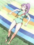  aoten barefoot bow brown_eyes collarbone green_leotard gundam gundam_zz hammock highres jitome leotard long_hair looking_at_viewer lying no_bra on_back purple_hair roux_louka shoes side_ponytail single_shoe solo vest 