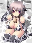  adjusting_hair animal_print bad_id bad_pixiv_id bare_shoulders bell bell_collar bikini black_hair blush breasts cleavage collar collarbone cow_girl cow_print cow_tail elbow_gloves gloves horns large_breasts long_hair no_shoes original pink_eyes smile solo swimsuit tail thigh_gap thighhighs tsukumiya_amane 