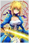  ahoge akishima_kei artoria_pendragon_(all) bad_id bad_pixiv_id blonde_hair breasts cleavage dress excalibur fate/stay_night fate_(series) glowing glowing_sword glowing_weapon green_eyes hair_ribbon medium_breasts ribbon saber solo sword weapon 