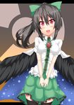  black_hair black_legwear black_wings hair_ribbon oga_raito ponytail radiation_symbol red_eyes reiuji_utsuho ribbon solo teeth thighhighs touhou wings 