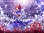  alternate_weapon backlighting blurry dabadhi depth_of_field flower ghost grin hair_bobbles hair_ornament hand_on_hip highres hitodama obi onozuka_komachi red_eyes red_hair sash scythe short_hair smile solo spider_lily touhou two_side_up weapon 