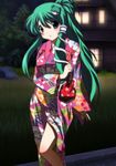  alternate_hairstyle bare_legs blue_eyes frog green_hair hair_ornament highres japanese_clothes kimono kochiya_sanae long_hair non-web_source pink_kimono ponytail snake solo touhou very_long_hair yadokari_genpachirou yukata 