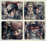  aikawa_(dorohedoro) baseball_cap black_hair blonde_hair blood dorohedoro gloves grin guro hat helmet kai_(dorohedoro) kit-sha knife male_focus multiple_boys risu_(dorohedoro) severed_head smile tattoo traditional_media v 