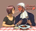  1girl blush brown_hair choker closed_eyes collarbone dark_skin eating fork holding holding_fork holding_spoon krizalid napkin profile rukiana short_hair silver_hair spoon sweat the_king_of_fighters whip_(kof) 