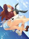  ass blue_eyes blue_panties breasts brown_hair charlotte_e_yeager cloud day francesca_lucchini grin highres hyou_itto jpeg_artifacts large_breasts long_hair midair multiple_girls no_socks ocean panties sky smile strike_witches striped striped_panties trefoil underwear world_witches_series 