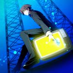  brown_hair dark_persona denim glowing glowing_eyes hanamura_yousuke headphones jacket jeans male_focus mayokichi md5_mismatch pants persona persona_4 sitting solo tarot television yellow_eyes 