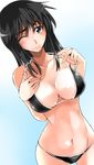  bikini black_bikini black_eyes black_hair breasts cleavage cosaten curvy highres large_breasts long_hair navel one_eye_closed school_rumble solo suou_mikoto sweatdrop swimsuit 