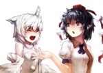  angry animal_ears benitama black_hair closed_eyes face fang hand_up hands inubashiri_momiji multiple_girls open_mouth red_eyes shameimaru_aya short_hair silver_hair simple_background touhou white_background wolf_ears 