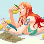  bad_id bad_pixiv_id bangle bikini_top bracelet breasts brown_eyes earrings feathers food fruit highres holding holding_food holding_fruit jewelry large_breasts left-handed log_pose long_hair lying map nami_(one_piece) on_stomach one_piece orange orange_hair quill seishun_arinko solo swimsuit tattoo 