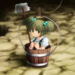  bbb_(33kudo) bucket child dress_shirt green_eyes green_hair hair_bobbles hair_ornament highres in_bucket in_container kisume mop rope shirt short_hair smile solo touhou twintails wooden_bucket wrist_cuffs 