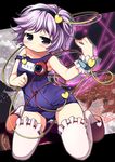  eyeball kneeling komeiji_satori nagayama_yuunon one-piece_swimsuit purple_eyes purple_hair school_swimsuit short_hair slippers solo swimsuit thighhighs third_eye touhou wrist_cuffs 