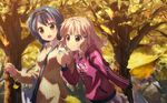  &gt;:) :o :t autumn between_breasts blonde_hair blue_hair blush breasts casual eating eyebrows_visible_through_hair furutani_himawari ginkgo hair_ornament hairband hairclip highres hood hooded_jacket hoodie jacket leaf long_hair multiple_girls oomuro_sakurako open_mouth outdoors smile strap_cleavage sweater tree v-shaped_eyebrows wallpaper yellow_eyes yuru_yuri yuuki_tatsuya 