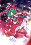  adapted_costume alternate_costume bare_shoulders bow breasts bug butterfly detached_sleeves dress frills front_ponytail green_eyes green_hair hair_bow hair_ribbon insect kagiyama_hina medium_breasts petals ribbon scarlethy solo string touhou 