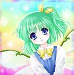  blue_eyes bow daiyousei dress green_hair hair_bow hair_ribbon ribbon short_hair side_ponytail smile solo touhou tsukiori_sasa wings 