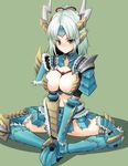  breasts butterfly_sitting cleavage green_eyes highres large_breasts long_hair midriff monster_hunter monster_hunter_portable_3rd navel ponytail ribbon sitting solo white_hair youshuu zinogre_(armor) 
