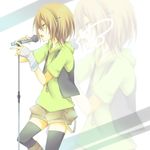  black_legwear boots brown_eyes brown_hair jewelry kuroi_(liar-player) lon_(niconico) microphone necklace niconico open_mouth shirt short_hair shorts solo thighhighs vest 