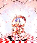  :d absurdres blue_hair blush branch breasts checkered checkered_floor cherry_blossoms cleavage dress flower frills highres honteri_mirin jewelry medium_breasts nagae_iku necklace open_mouth petals pink_eyes pink_flower pink_rose ribbon rose short_hair smile solo touhou veil wedding_dress 