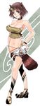  alcohol animal_ears aoshima bare_shoulders belt bottomless breasts brown_eyes brown_hair cleavage futatsuiwa_mamizou glasses groin hand_on_hip highres large_breasts leaf leaf_on_head midriff navel no_socks notepad panties pince-nez raccoon_ears raccoon_tail sake short_hair side-tie_panties smile solo strapless tail touhou translated tubetop underwear 