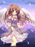  angel_wings asakura_hayate blush bracelet brown_hair cloud crown dress feathers flower_bracelet jewelry long_hair mini_crown open_mouth original purple_hair ribbon sky solo wading water wet wings 