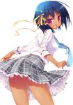  :d blue_hair blush bow dao_(owa_rande!) grey_skirt hair_ribbon lace lace-trimmed_skirt looking_back miniskirt necktie open_mouth owa_rande! panties plaid plaid_skirt purple_eyes ribbon sazaki_ichiri short_hair skirt smile solo tan underwear 