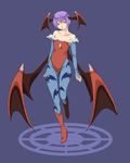  animal_print bare_shoulders bat_print bat_wings blue_legwear boots bridal_gauntlets collarbone detached_sleeves flat_chest full_body head_wings leotard lilith_aensland low_wings ofuji_(m_w) pantyhose print_legwear purple_hair red_eyes red_leotard short_hair simple_background solo standing standing_on_one_leg vampire_(game) wings 