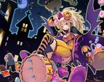  blonde_hair candy candy_cane cape chocolate cosmic_break crescent_moon detached_sleeves doughnut food food_themed_hair_ornament hair_ornament halloween highres holding holding_food jack-o'-lantern moon morizo_cs pepo_pucchi ponytail pumpkin pumpkin_hair_ornament purple_eyes ribbon solo thighhighs 