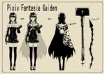  absurdres cape cross from_behind glasses gloves hammer highres long_hair looking_at_viewer miniskirt monochrome necktie pixiv_fantasia pixiv_fantasia_wizard_and_knight pleated_skirt realmbw skirt standing thighhighs weapon zettai_ryouiki 
