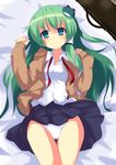  alternate_costume bad_id bad_pixiv_id bag blue_skirt contemporary frog green_eyes green_hair hair_ornament kochiya_sanae long_hair lying miniskirt naotaka on_back panties pantyshot pantyshot_(lying) pleated_skirt school_bag school_uniform skirt snake solo touhou underwear undone_necktie upskirt white_panties 