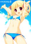  1girl armpits bare_shoulders beatmania beatmania_iidx bikini blonde_hair blush braid cloud collarbone fangs fingernails foreshortening front-tie_top happy highres kinoshita_ichi long_hair looking_at_viewer midriff navel open_mouth outstretched_arms red_eyes side-tie_bikini small_breasts smile solo standing striped striped_bikini striped_swimsuit swimsuit text xia xia_(beatmania_iidx) xiatian_(beatmania_iidx) 