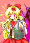  bad_id bad_pixiv_id bat_wings blonde_hair blue_eyes bow bowtie culter demon_wings elbow_gloves elis_(touhou) facepaint fang flower gloves hair_bow hair_flower hair_ornament index_finger_raised long_hair midriff multicolored multicolored_eyes navel red_eyes red_skirt skirt solo star touhou touhou_(pc-98) vest wand wings 