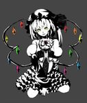  alternate_costume bad_id bad_pixiv_id brooch dress flandre_scarlet frilled_dress frills gathers hat hat_ribbon highres hukuhi jewelry lace monochrome puffy_sleeves ribbon short_hair side_ponytail simple_background sitting solo spot_color touhou wings yellow_eyes 